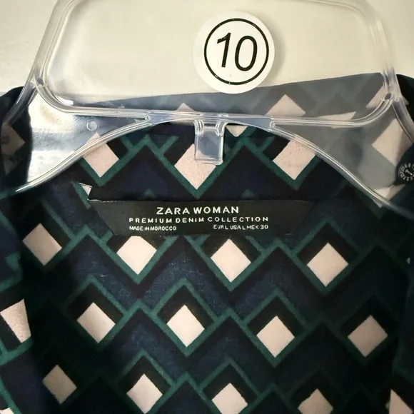 Zara Women’s Dark Blue & Green & White Geometric Print Long Sleeve Dress - Picture 6 of 10